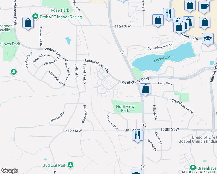 map of restaurants, bars, coffee shops, grocery stores, and more near 1825 Southcross Drive West in Burnsville