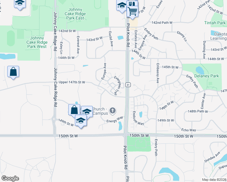 map of restaurants, bars, coffee shops, grocery stores, and more near 14541 Evergreen Trail in Apple Valley