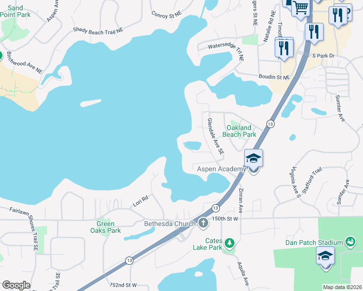 map of restaurants, bars, coffee shops, grocery stores, and more near 14692 Cove Avenue Southeast in Prior Lake