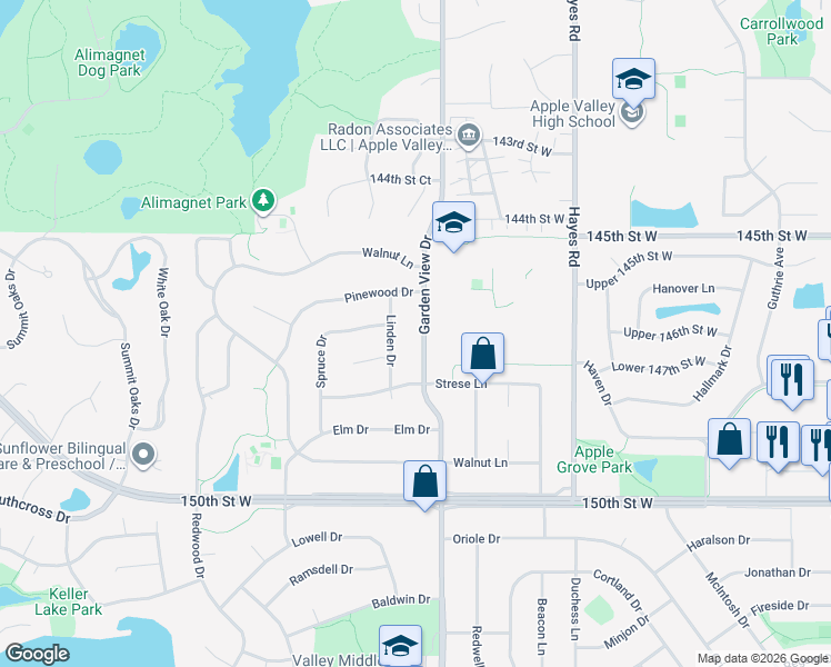 map of restaurants, bars, coffee shops, grocery stores, and more near 173 Garden View Drive in Apple Valley