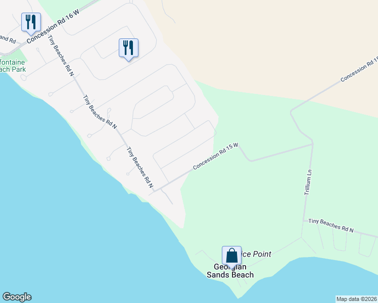 map of restaurants, bars, coffee shops, grocery stores, and more near 133 Wolfe Trail in Penetanguishene