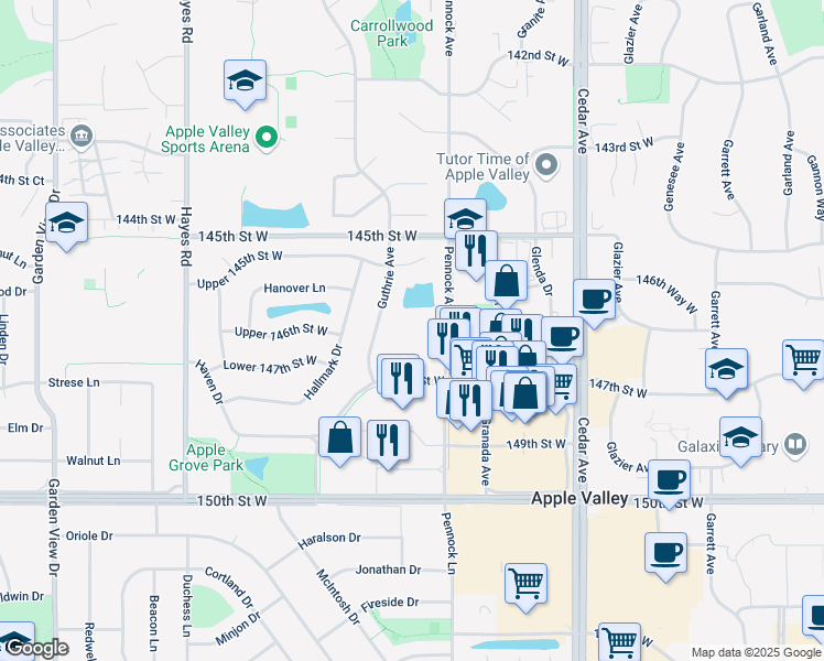 map of restaurants, bars, coffee shops, grocery stores, and more near 14625 Pennock Avenue in Apple Valley