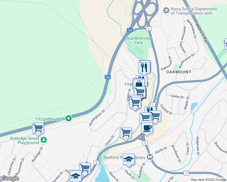 map of restaurants, bars, coffee shops, grocery stores, and more near 26 Nottingham Street in Bedford