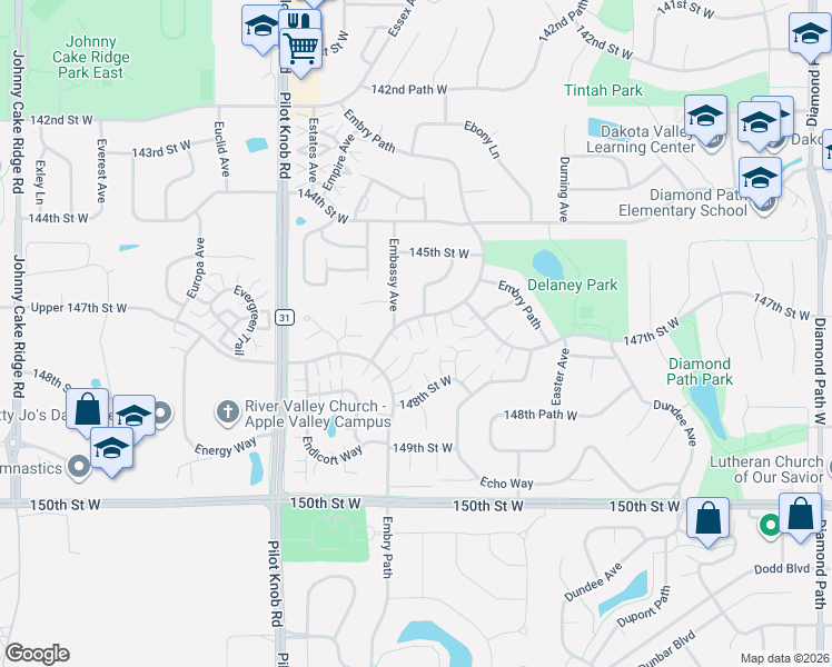 map of restaurants, bars, coffee shops, grocery stores, and more near 14764 Embry Path in Apple Valley