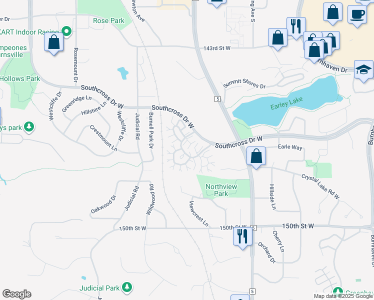 map of restaurants, bars, coffee shops, grocery stores, and more near 1933 Southcross Drive West in Burnsville