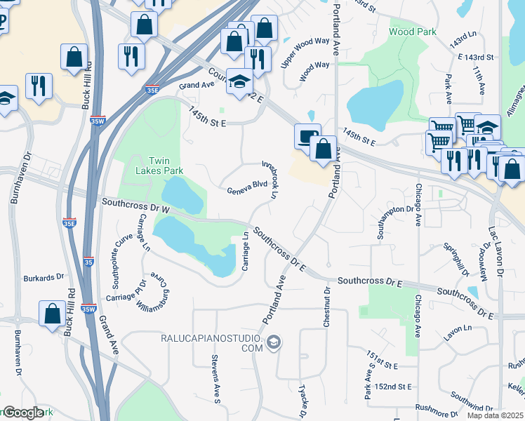 map of restaurants, bars, coffee shops, grocery stores, and more near 14741 Innsbrook Lane in Burnsville