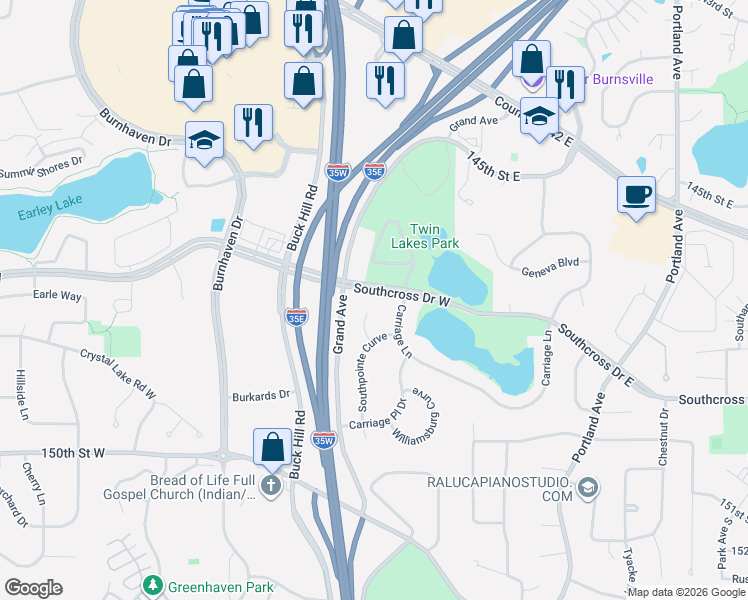 map of restaurants, bars, coffee shops, grocery stores, and more near 14608 Southpointe Court in Burnsville
