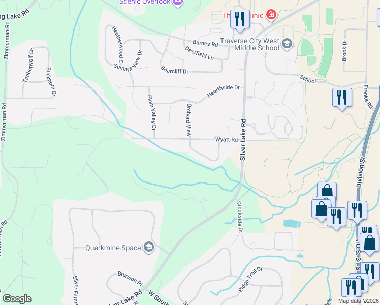 map of restaurants, bars, coffee shops, grocery stores, and more near 4000-4298 Summerhill Rd in Traverse City