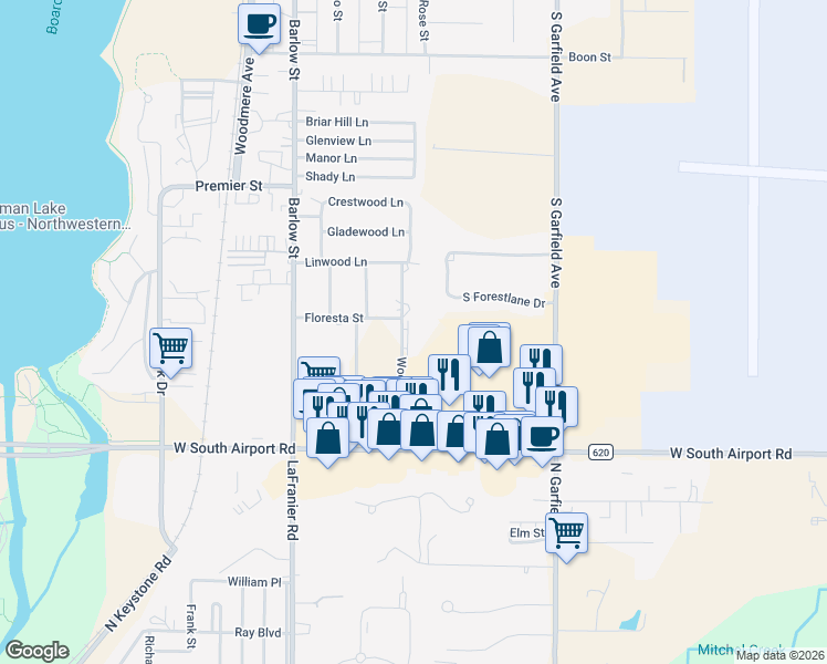 map of restaurants, bars, coffee shops, grocery stores, and more near 1705 Woodward Avenue in Traverse City