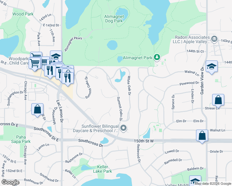 map of restaurants, bars, coffee shops, grocery stores, and more near 14800 Summit Oaks Drive in Burnsville