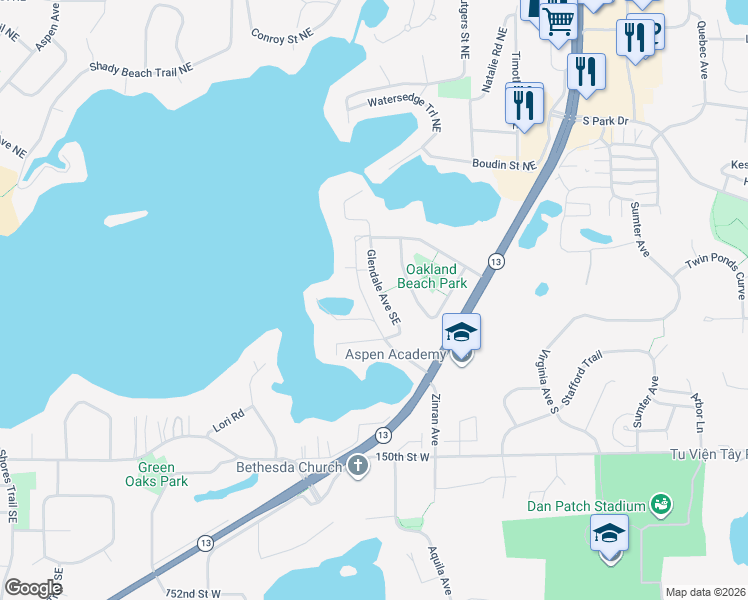 map of restaurants, bars, coffee shops, grocery stores, and more near 14704 Glendale Avenue Southeast in Prior Lake