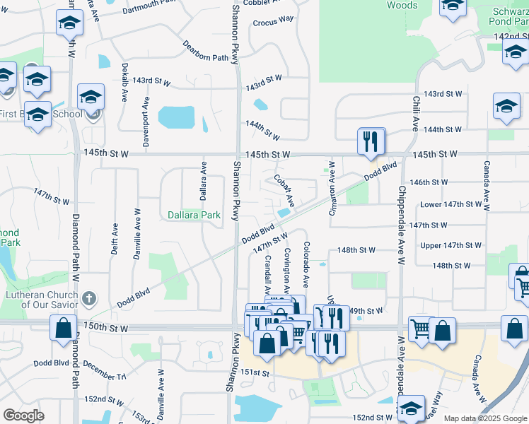 map of restaurants, bars, coffee shops, grocery stores, and more near 3875 147th Street West in Rosemount