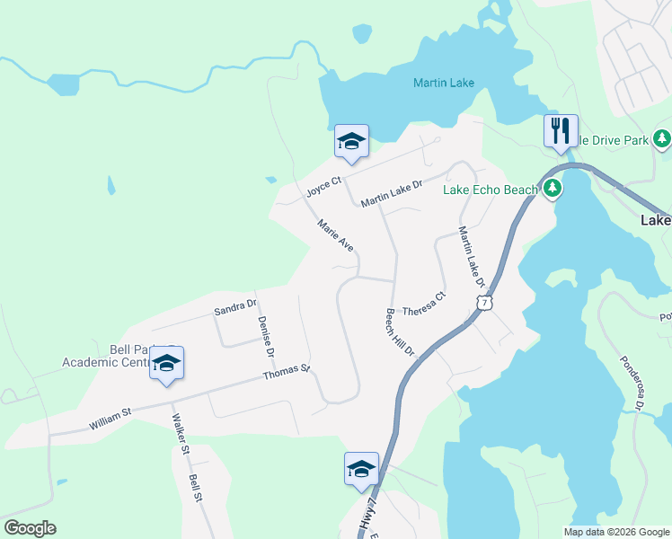 map of restaurants, bars, coffee shops, grocery stores, and more near 65 Marie Avenue in Lake Echo