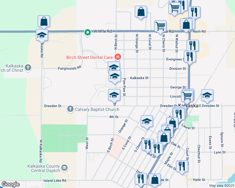 map of restaurants, bars, coffee shops, grocery stores, and more near 109 North Birch Street in Kalkaska