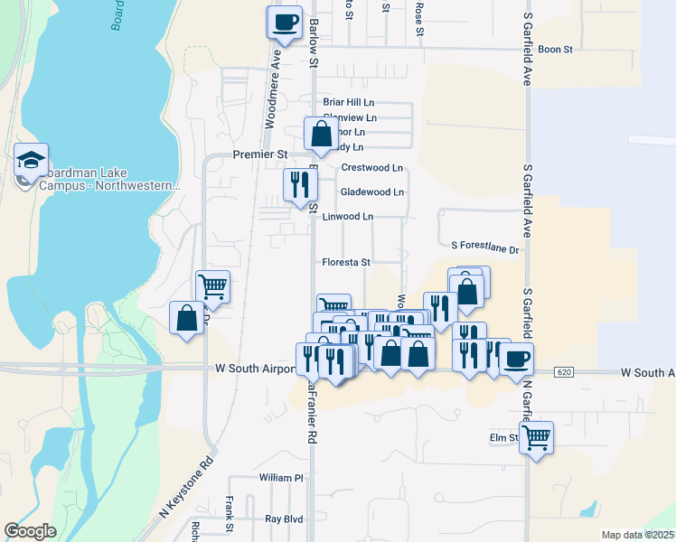 map of restaurants, bars, coffee shops, grocery stores, and more near 1745 Barlow Street in Traverse City