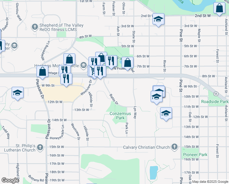 map of restaurants, bars, coffee shops, grocery stores, and more near 925 Bahls Drive in Hastings