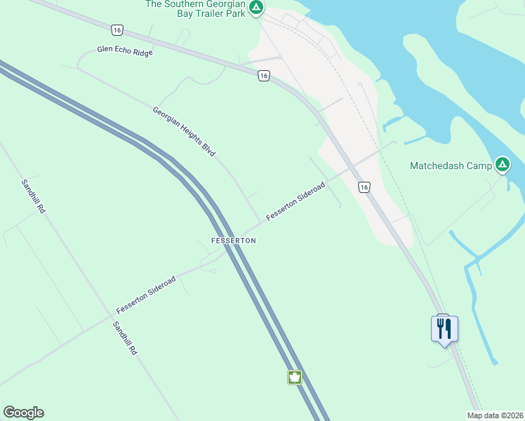 map of restaurants, bars, coffee shops, grocery stores, and more near 1607 Georgian Heights Boulevard in Waubaushene