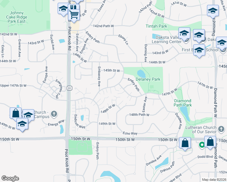 map of restaurants, bars, coffee shops, grocery stores, and more near 14764 Embry Path in Apple Valley