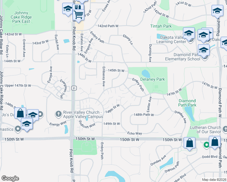 map of restaurants, bars, coffee shops, grocery stores, and more near 14764 Embry Path in Apple Valley