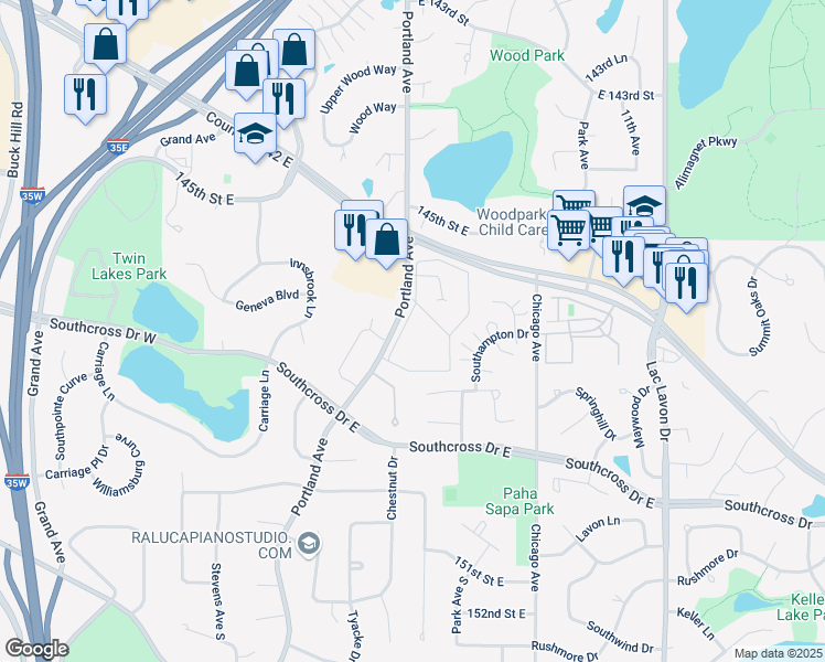 map of restaurants, bars, coffee shops, grocery stores, and more near 14701 Portland Avenue South in Burnsville
