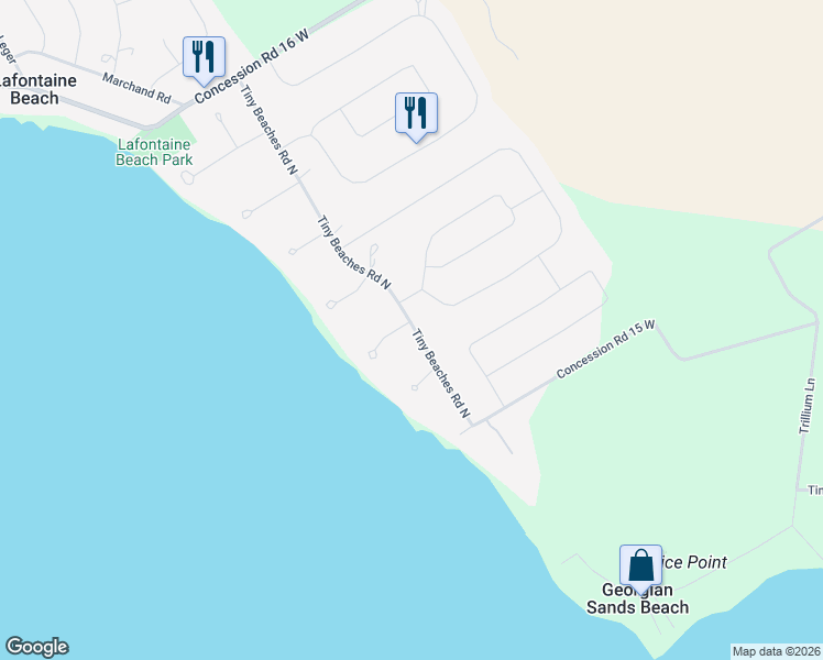 map of restaurants, bars, coffee shops, grocery stores, and more near 1204 Tiny Beaches Road North in Penetanguishene