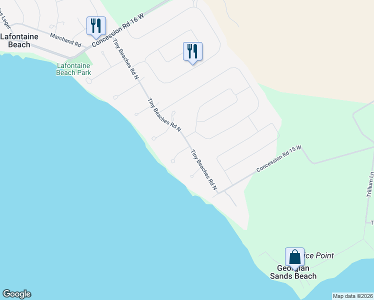 map of restaurants, bars, coffee shops, grocery stores, and more near 1209 Tiny Beaches Road North in Simcoe County