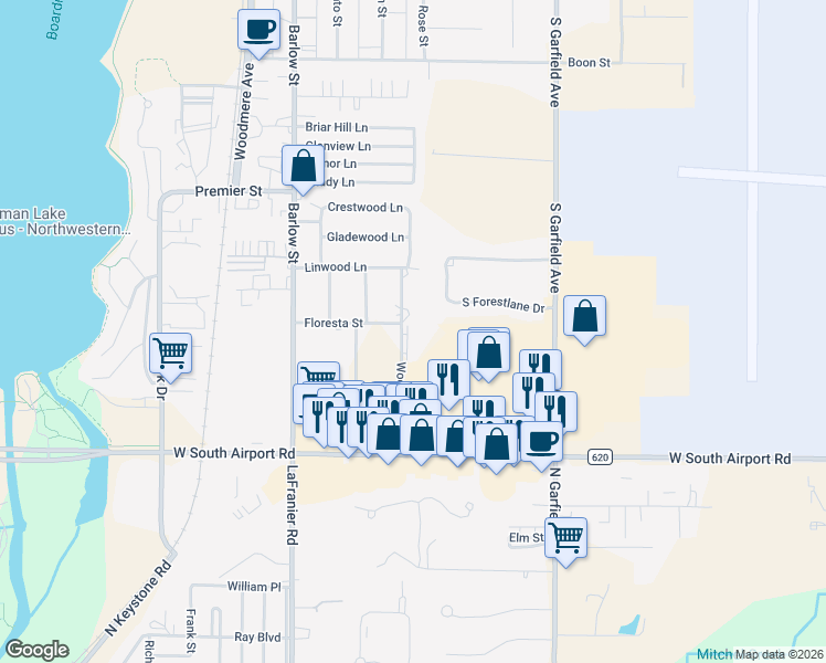 map of restaurants, bars, coffee shops, grocery stores, and more near 1705 Woodward Avenue in Traverse City