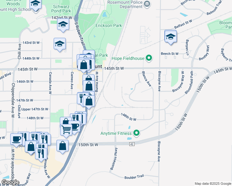 map of restaurants, bars, coffee shops, grocery stores, and more near 2750 145th Street West in Rosemount