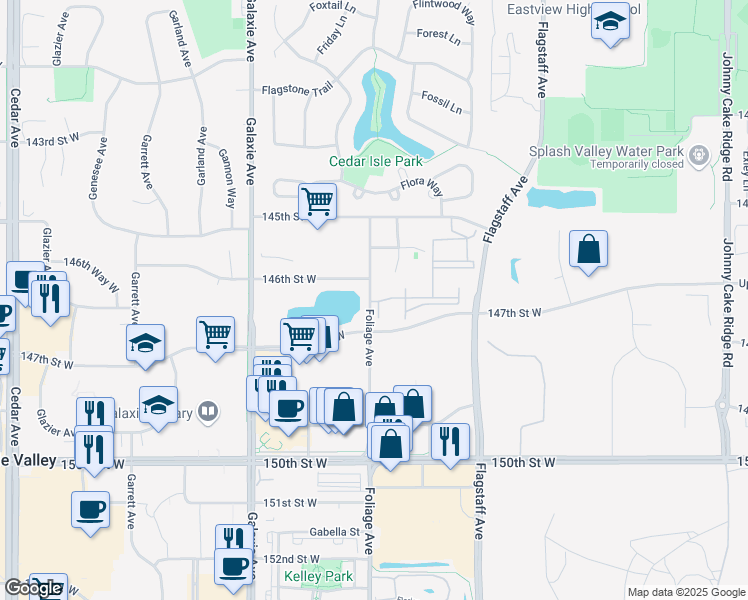 map of restaurants, bars, coffee shops, grocery stores, and more near 14587 Foliage Avenue in Apple Valley