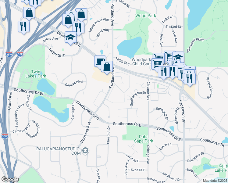 map of restaurants, bars, coffee shops, grocery stores, and more near 14601 Portland Avenue South in Burnsville