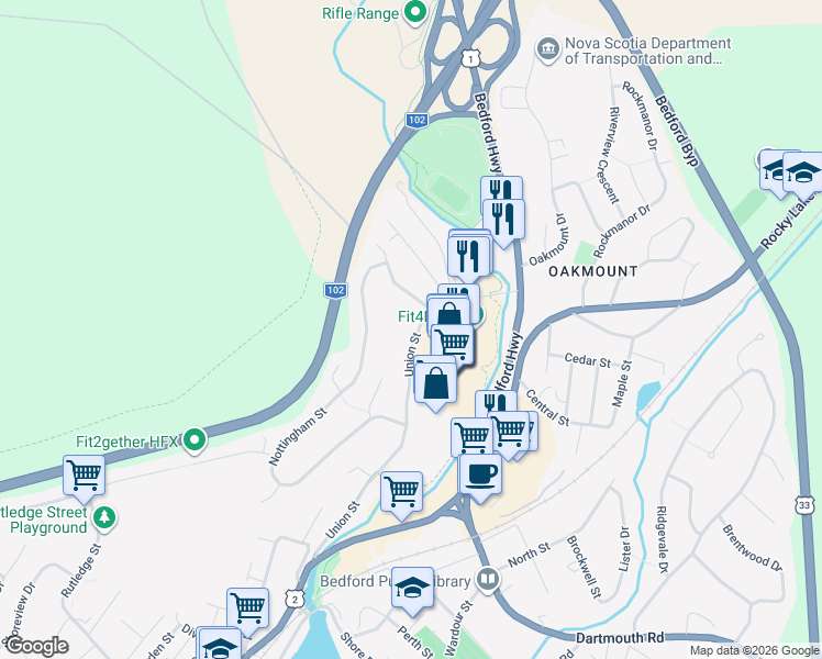 map of restaurants, bars, coffee shops, grocery stores, and more near 4 Bridge Street in Bedford