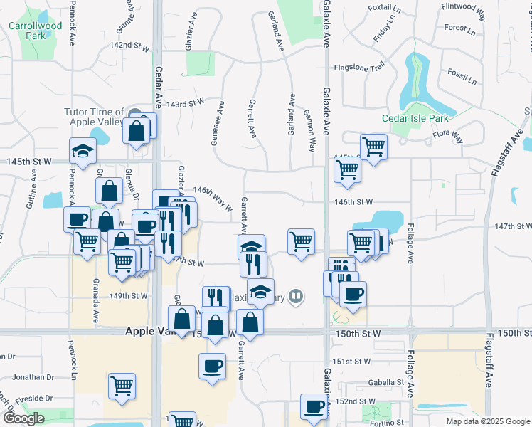 map of restaurants, bars, coffee shops, grocery stores, and more near 7170 146th Street West in Apple Valley