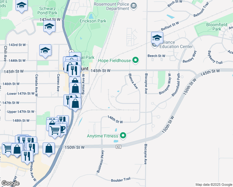 map of restaurants, bars, coffee shops, grocery stores, and more near 14611 Boxwood Path in Rosemount