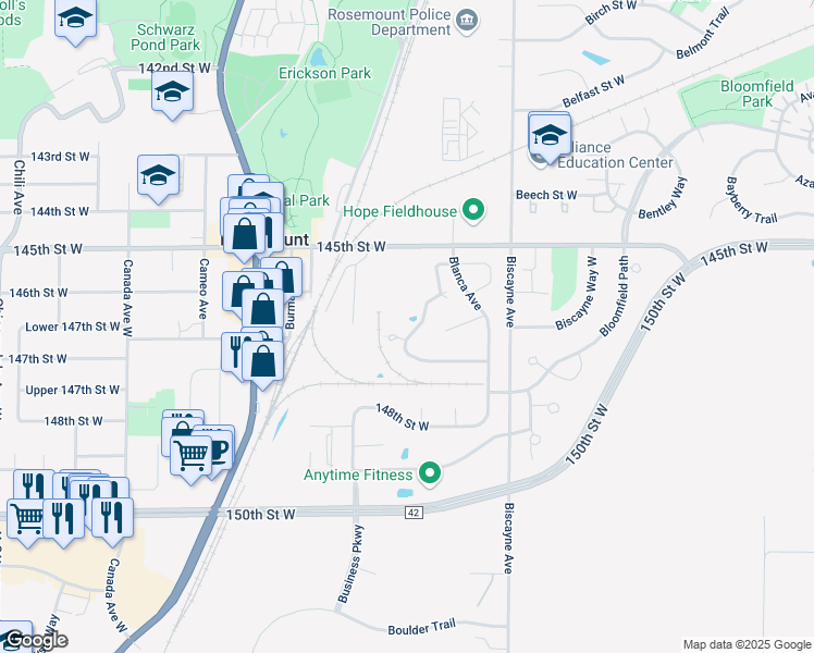 map of restaurants, bars, coffee shops, grocery stores, and more near 14611 Boxwood Path in Rosemount