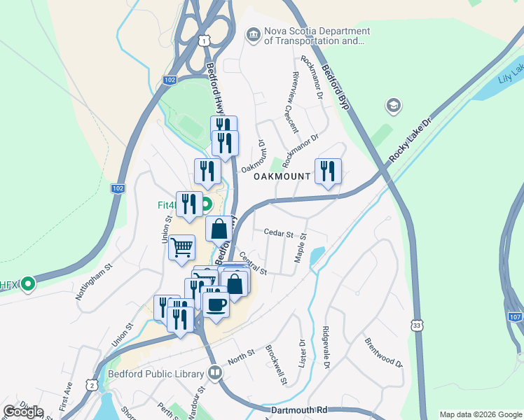 map of restaurants, bars, coffee shops, grocery stores, and more near 141 Rocky Lake Drive in Bedford