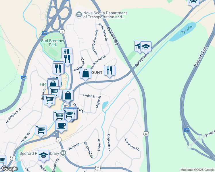 map of restaurants, bars, coffee shops, grocery stores, and more near 33 Sunnydale Crescent in Bedford