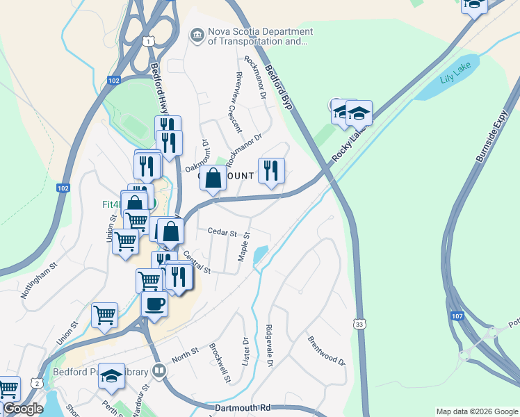 map of restaurants, bars, coffee shops, grocery stores, and more near 31 Sunnydale Crescent in Bedford