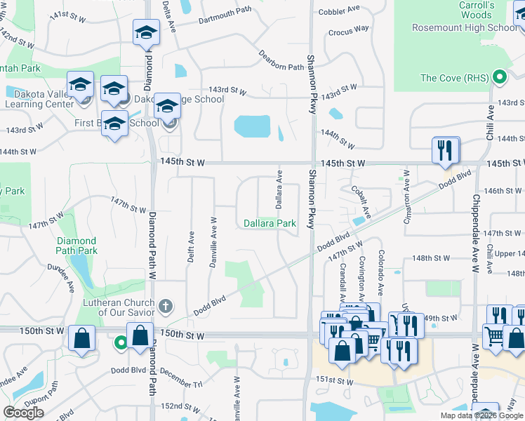 map of restaurants, bars, coffee shops, grocery stores, and more near 14573 Damask Avenue West in Rosemount