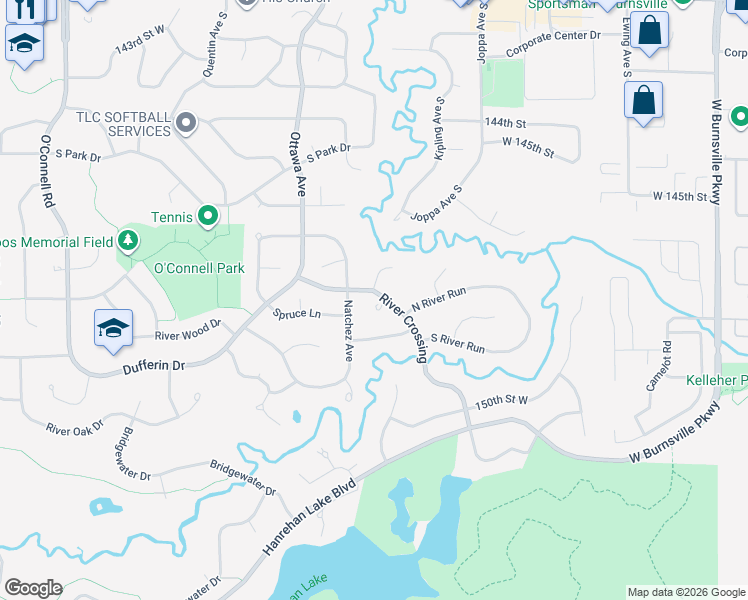 map of restaurants, bars, coffee shops, grocery stores, and more near 14849 River Crossing in Savage