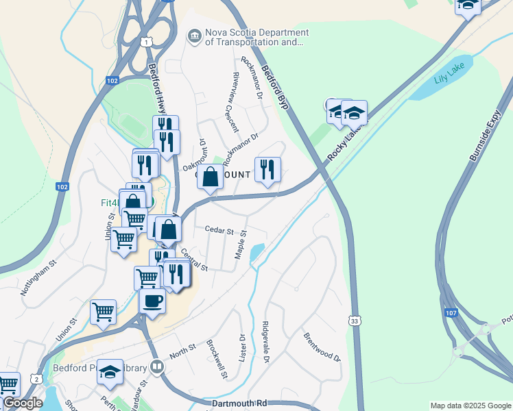 map of restaurants, bars, coffee shops, grocery stores, and more near 33 Sunnydale Crescent in Bedford