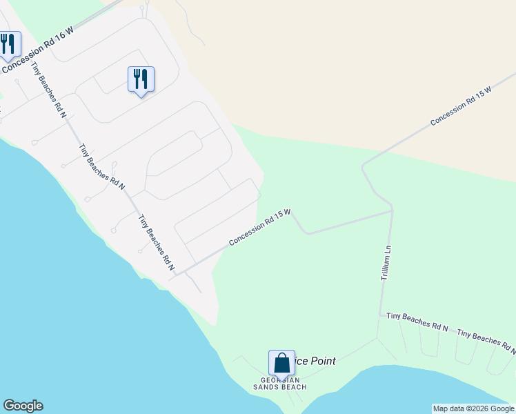 map of restaurants, bars, coffee shops, grocery stores, and more near 110 Wolfe Trail in Tiny