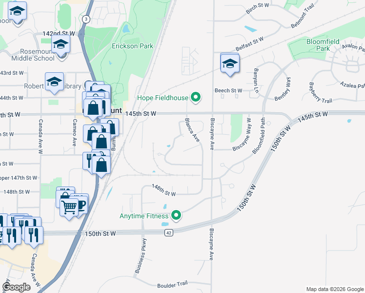 map of restaurants, bars, coffee shops, grocery stores, and more near 14651 Blueberry Court in Rosemount