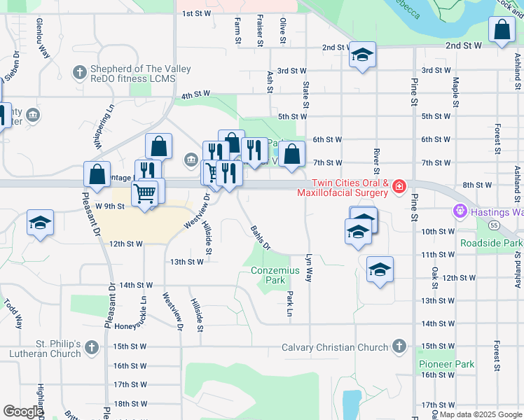 map of restaurants, bars, coffee shops, grocery stores, and more near 875 Bahls Drive in Hastings
