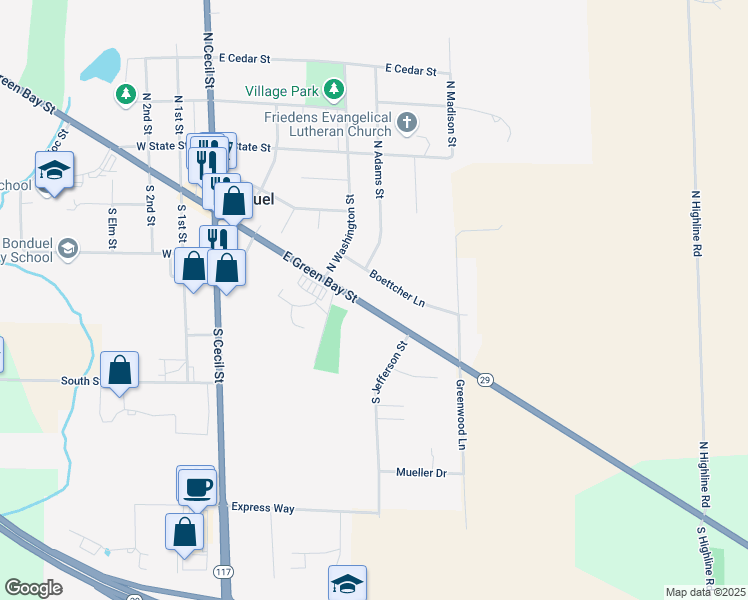 map of restaurants, bars, coffee shops, grocery stores, and more near 407 East Green Bay Street in Bonduel