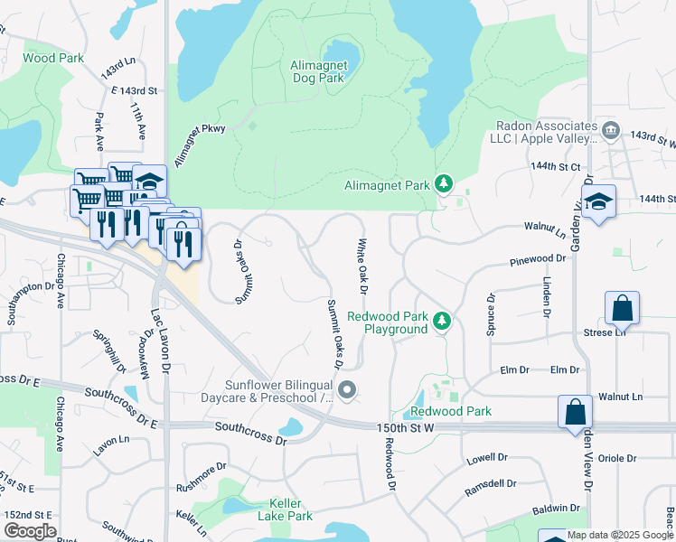 map of restaurants, bars, coffee shops, grocery stores, and more near 14713 Summit Oaks Drive in Burnsville
