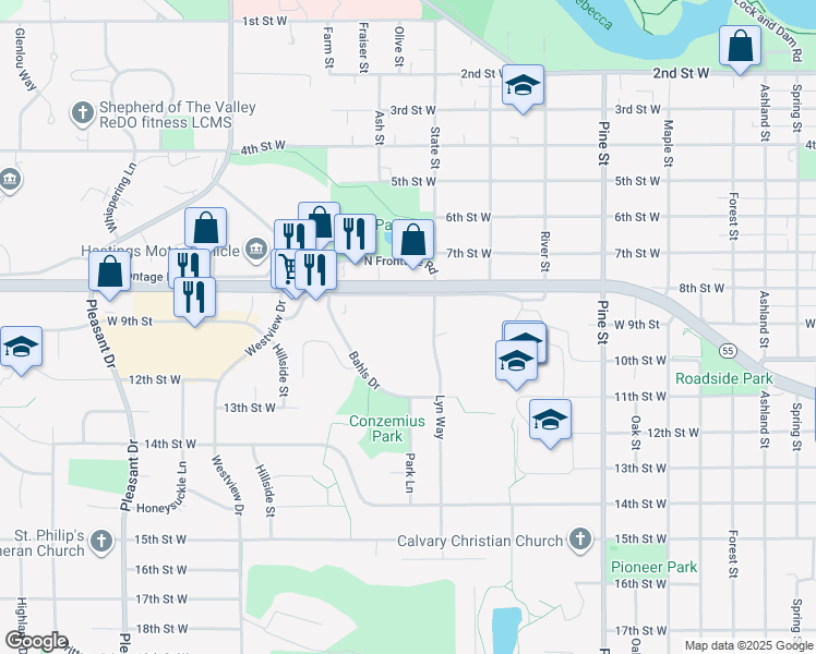 map of restaurants, bars, coffee shops, grocery stores, and more near 880 Lyn Way in Hastings