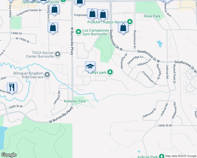 map of restaurants, bars, coffee shops, grocery stores, and more near Rambush Rd in Burnsville