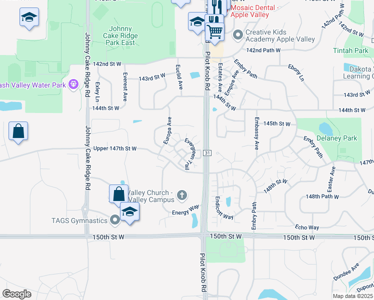 map of restaurants, bars, coffee shops, grocery stores, and more near 14741 Excelsior Lane in Apple Valley