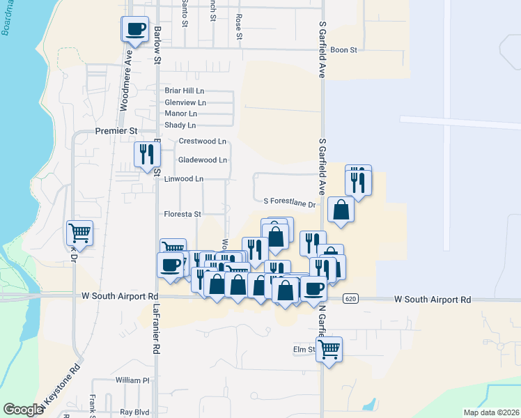 map of restaurants, bars, coffee shops, grocery stores, and more near 935 South Forestlane Drive in Traverse City