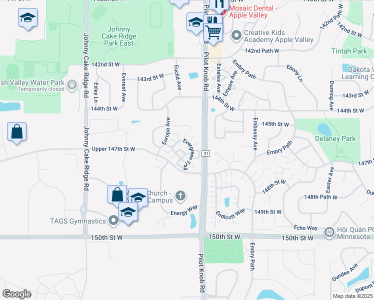 map of restaurants, bars, coffee shops, grocery stores, and more near 14590 Evergreen Trail in Apple Valley